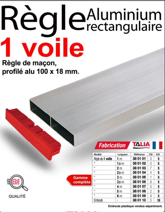 Règle Alu maçon 1 voile 100 x 18 2 m avec embout plastique