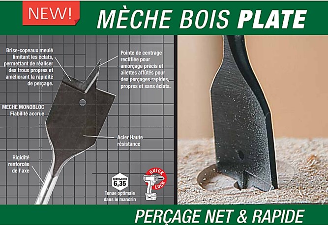 Mèche bois plate pour perçage gros diamètre